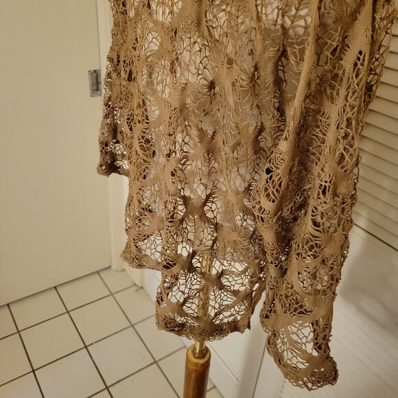 Adore Medium Tan Crochet Lace Button Front Cardigan Boho Layering Top - Picture 7 of 8